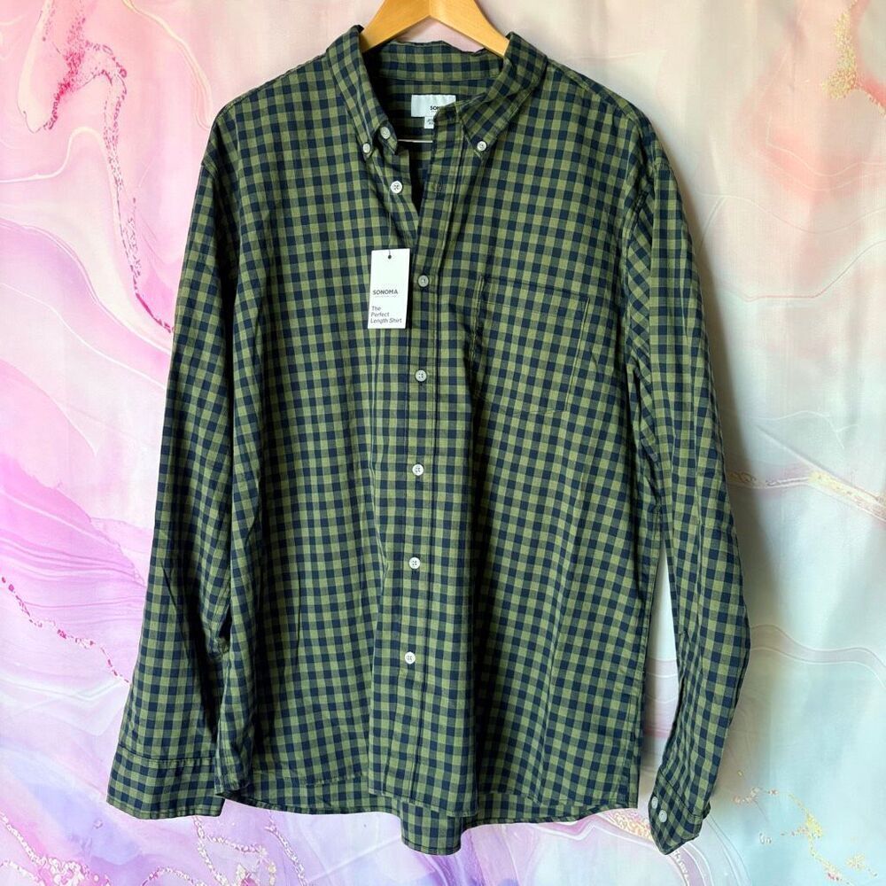Sonoma XXL Green Navy Blue Gingham Casual Button Down Shirt Perfect Length NWT